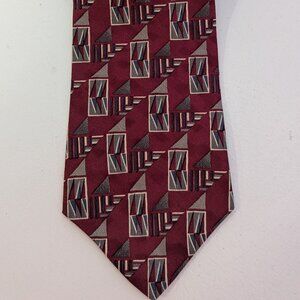 Austin Grey Men's Burgandy Art Deco Inspired Geometric Print Italian Silk Tie.